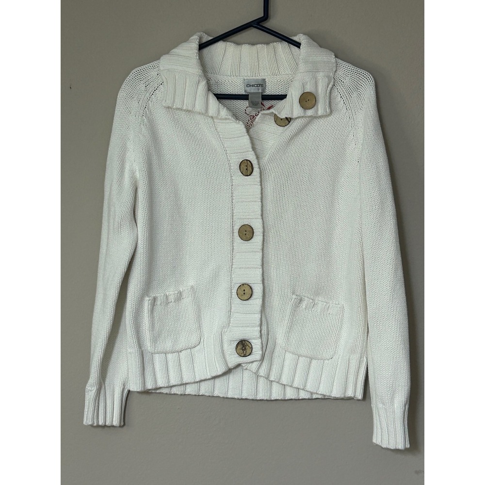 Chicos White Cotton Knit Cardigan Sweater Size 2 Large Button Front Shawl Collar